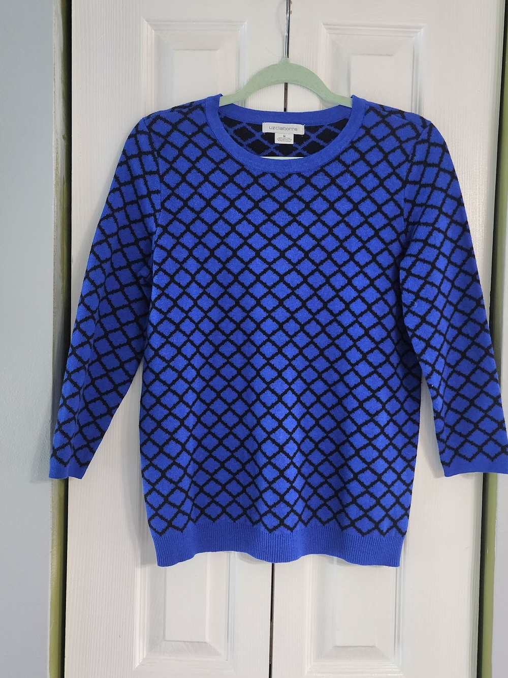 Liz Claiborne Preppy Blue and Black Lattice Crewneck Sweater Size M